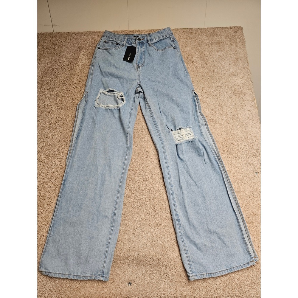 Fashion Nova Just A Peek Side Slit Jeans Light Blue Wash Distressed Wide Leg 5
